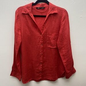 Zara Womens M Red Linen Button Front Collared Long Sleeve Pocket Lightweight Top